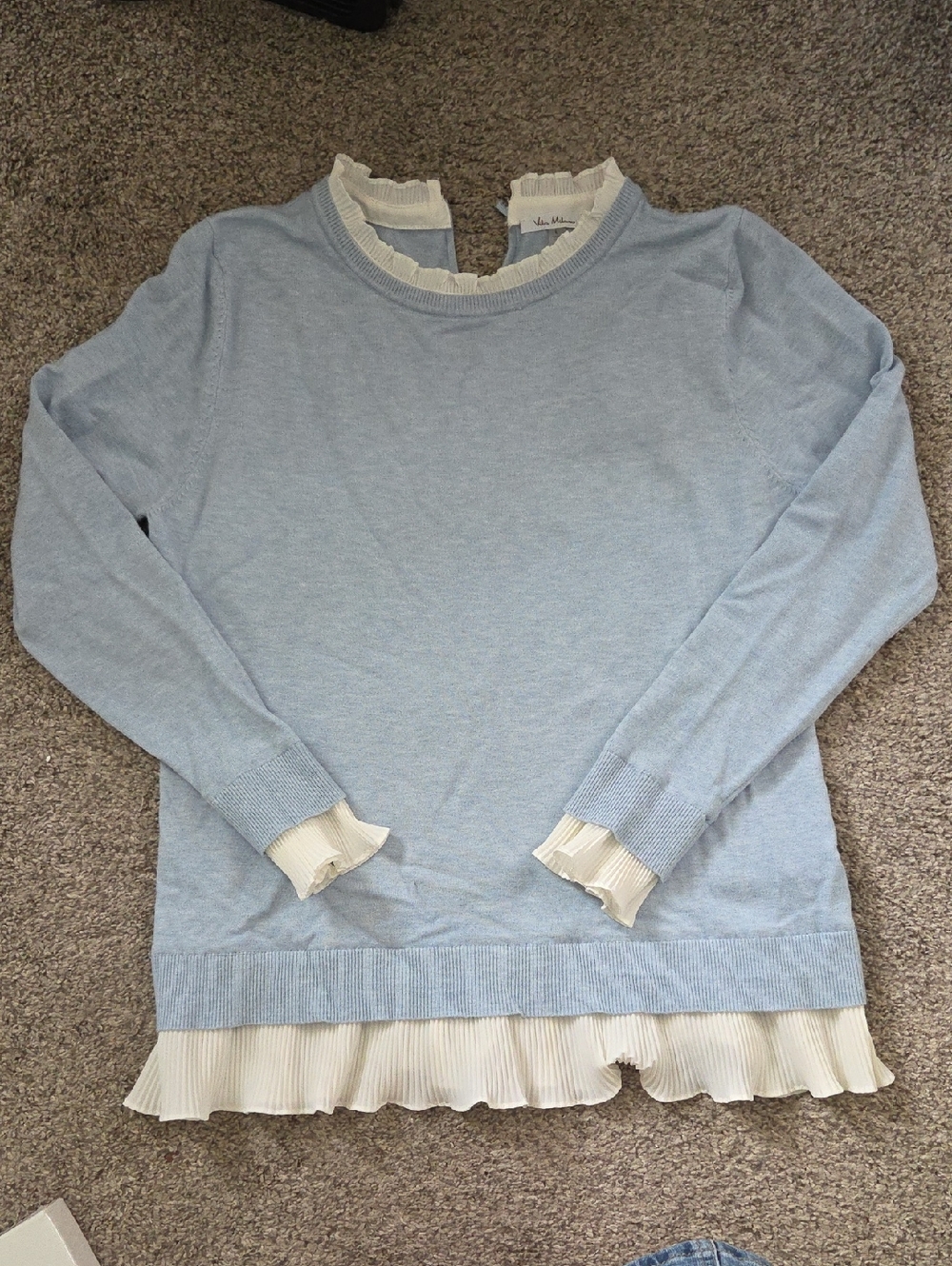 Light Blue Crewneck Sweater with Ivory Ruffle Trim
